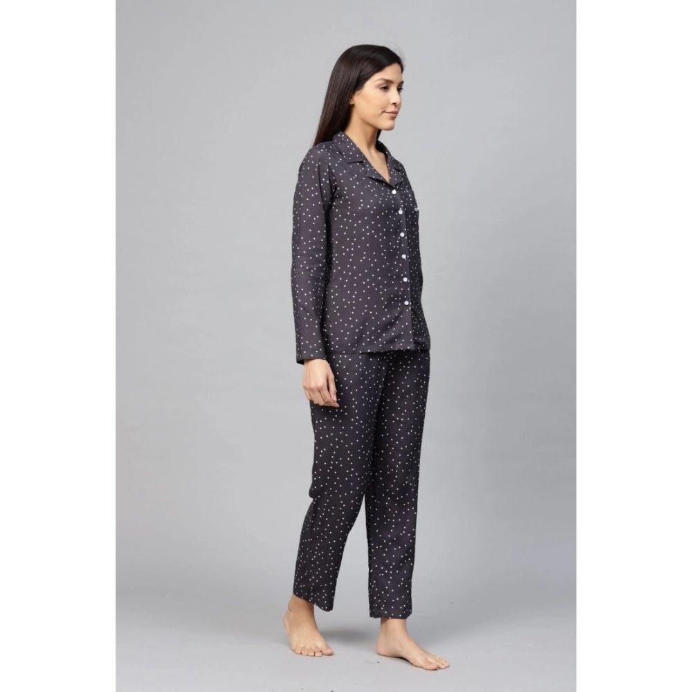 Casual Full Sleeves Polka Dot Printed Rayon Shirt With Pyjama Pant Night Suit Set (Grey) - Image 2