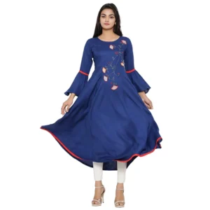 Casual Bell Sleeves Embroidery Rayon Kurti (Blue)