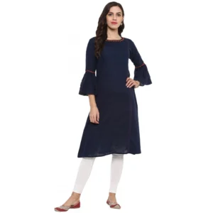 Casual Bell Sleeves Solid Cotton Slub Kurti (Blue)