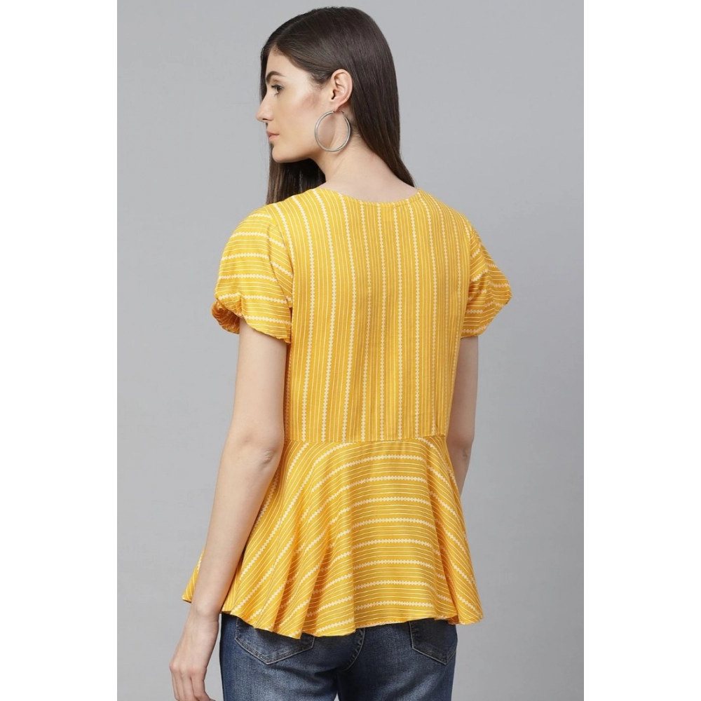 Casual Short Sleeves Stripe Printed Rayon Top (Mustard) - Image 2