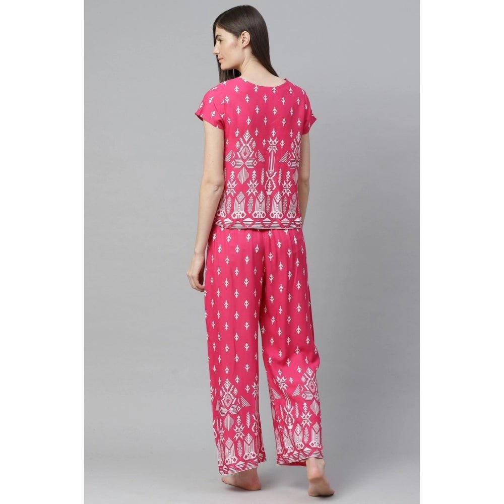 Casual Short Sleeve Printed Rayon Pajama Set (Pink) - Image 5
