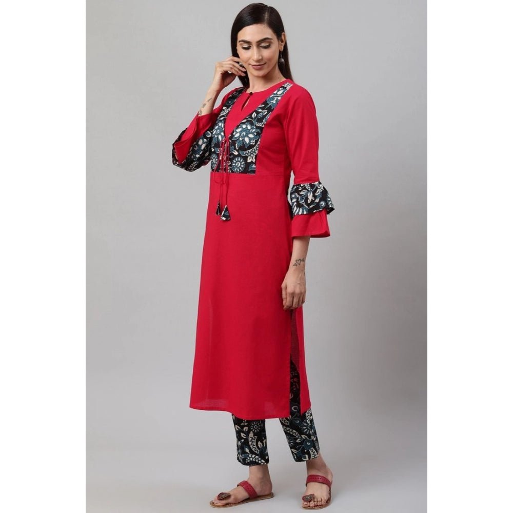 Women's Casual Bell Sleeves Floral Printed Cotton Kurti Set (Rani Pink) - Image 2