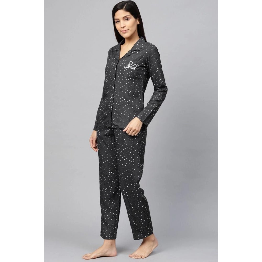 Casual Full Sleeves Polka Dot Printed Rayon Shirt With Pyjama Pant Night Suit Set (Grey) - Image 4