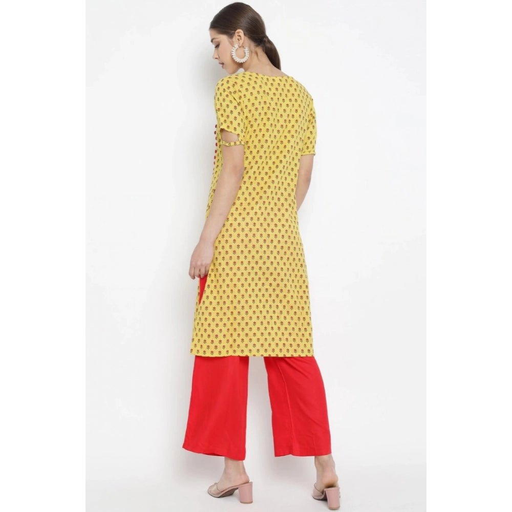 Women's Casual Short Sleeves Floral Printed Cotton & Rayon Kurti Palazzo Set (Yellow & Red) - Image 5