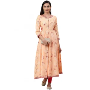 Casual 3/4 th Sleeve Floral Printed Rayon Kurti (Peach)
