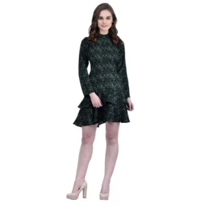 Cotton Blend Floral Full Sleeves Dress (Green)