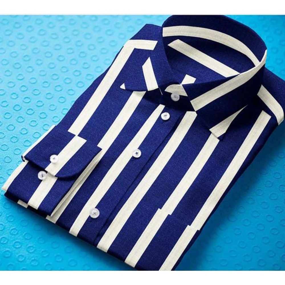 Cotton Blended Striped Full Sleeve Shirt (White-Blue) - Image 3