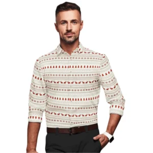 Cotton Blended Printed Full Sleeve Shirt (White-Red)