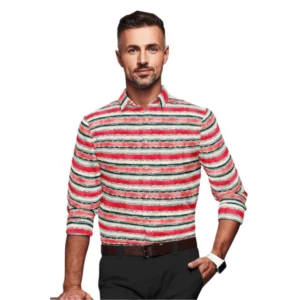 Cotton Blended Striped Full Sleeve Shirt (Red-White)