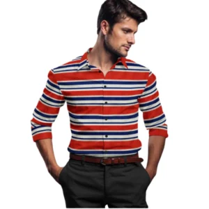 Cotton Blended Striped Full Sleeve Shirt (Red-Blue)