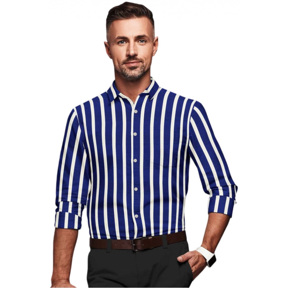 Cotton Blended Striped Full Sleeve Shirt (White-Blue)
