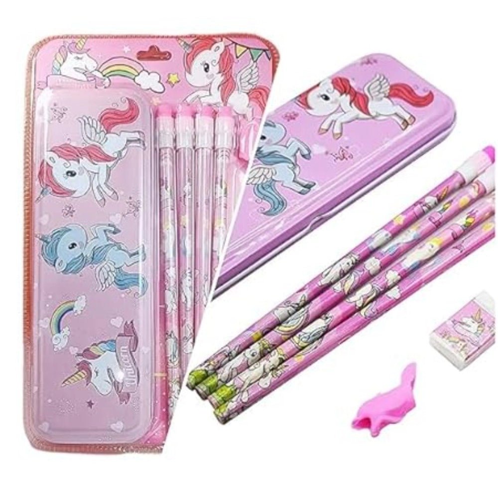 8_Pcs Set Unicorn Metal Pencil Box With 4 Pencils, 1 Sharpner, 1 Eracer And 1 Pencil Cap| Metal Box| Stationery | 3+ Years - Image 2