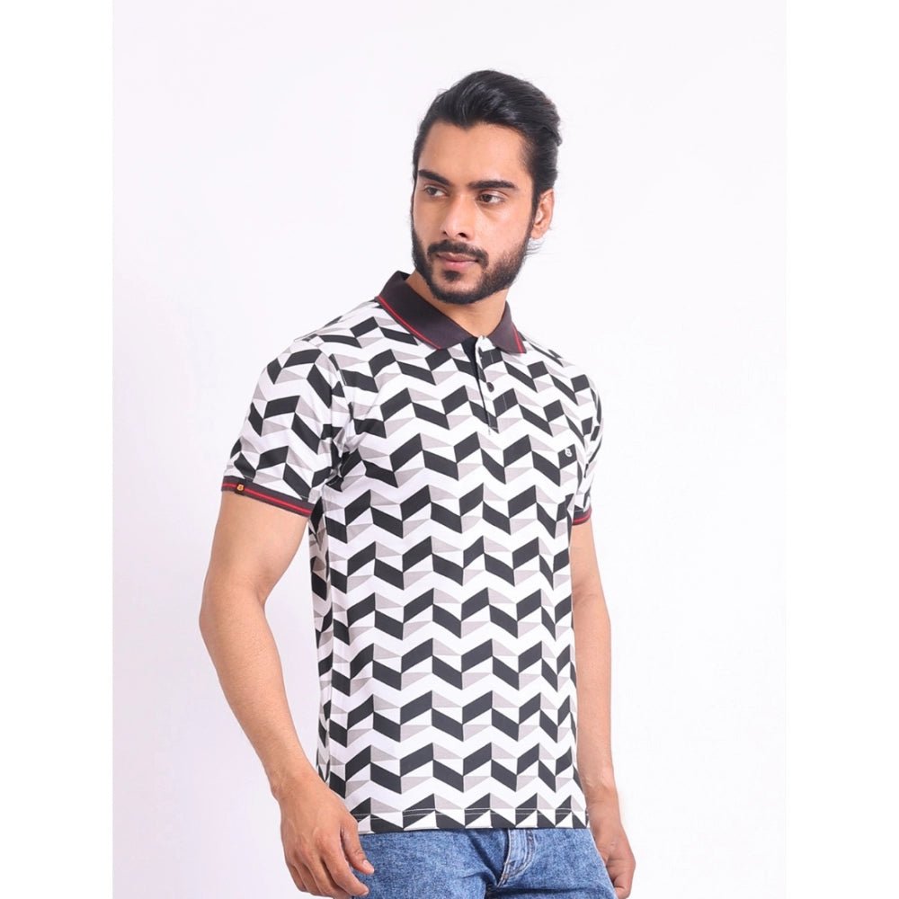 Men's Casual Cotton Printed Polo Neck Half Sleeve T-Shirt (White) - Image 5