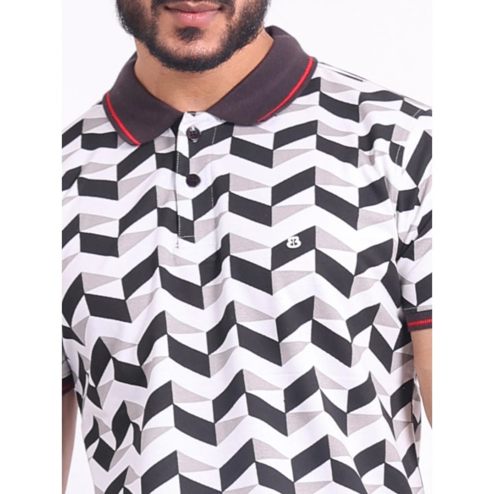 Men's Casual Cotton Printed Polo Neck Half Sleeve T-Shirt (White) - Image 3
