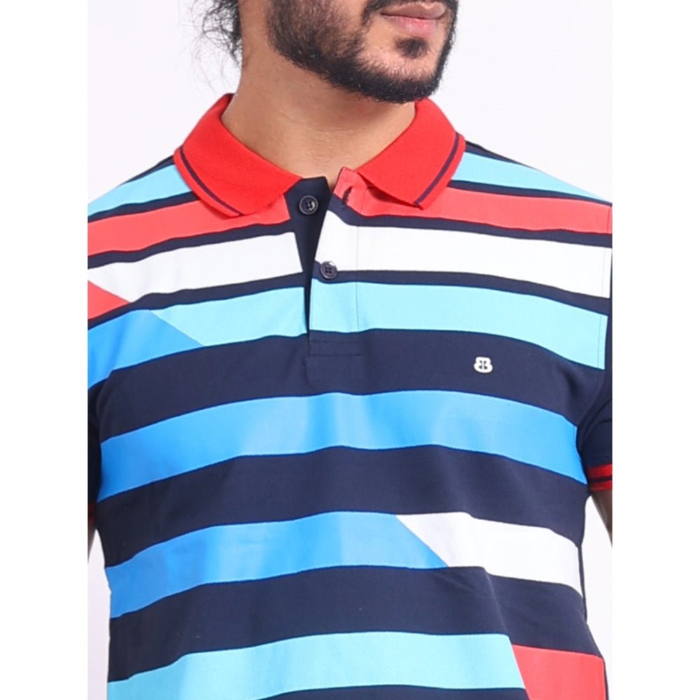 Men's Casual Cotton Printed Polo Neck Half Sleeve T-Shirt (Navy) - Image 3