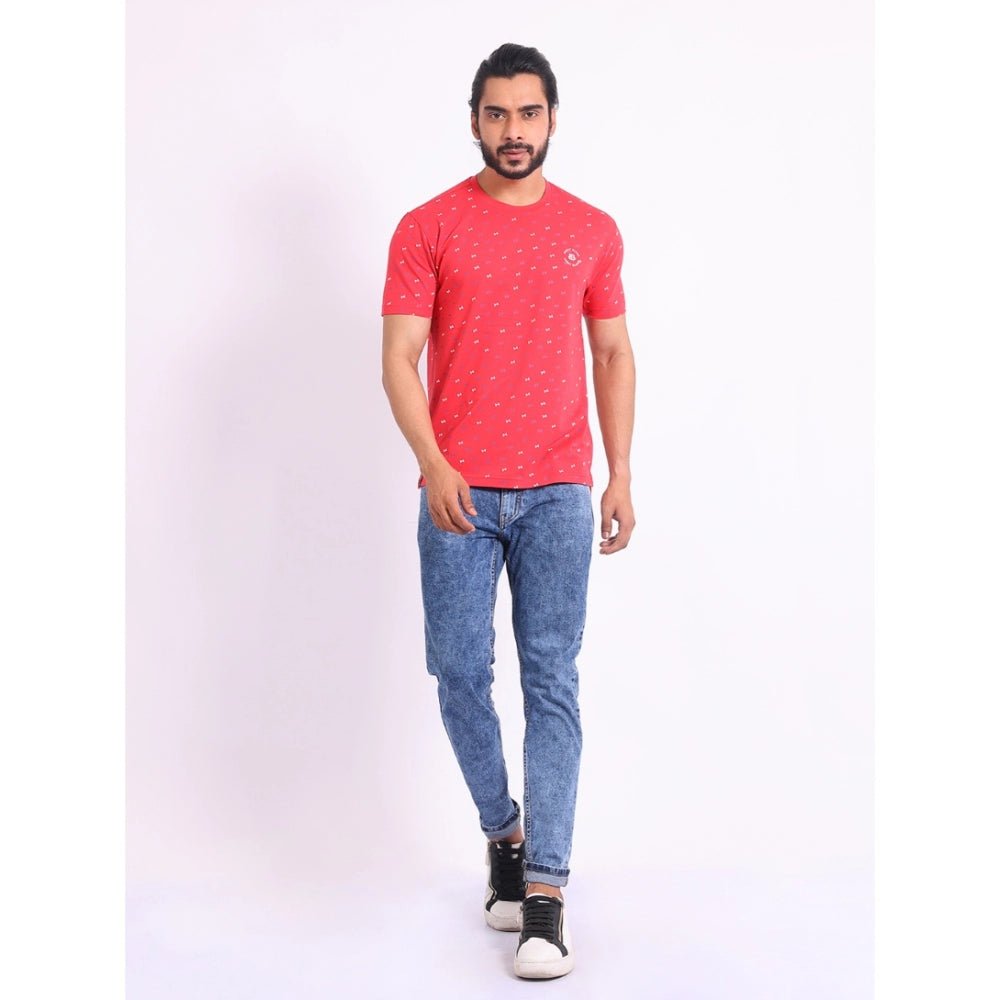 Men's Casual Cotton Printed Round Neck Half Sleeve T-Shirt (Red) - Image 2