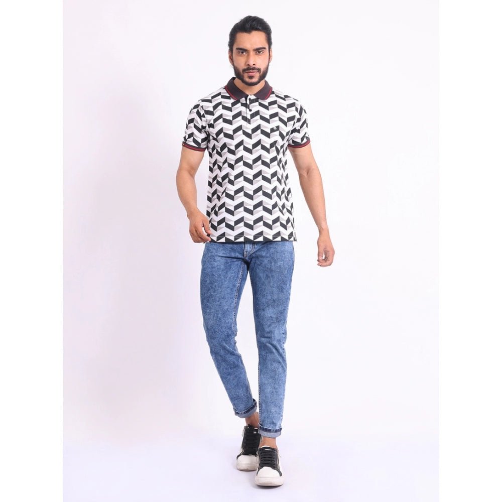 Men's Casual Cotton Printed Polo Neck Half Sleeve T-Shirt (White) - Image 2