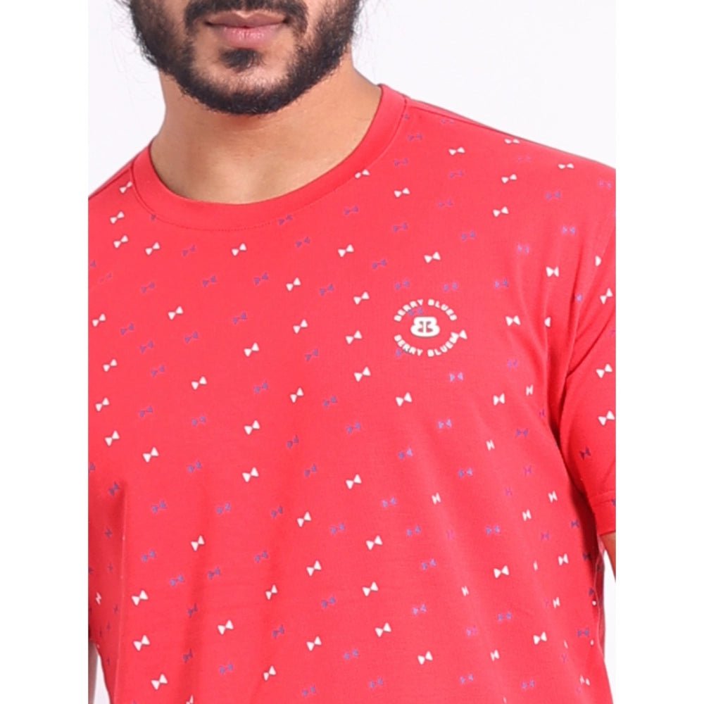 Men's Casual Cotton Printed Round Neck Half Sleeve T-Shirt (Red) - Image 3