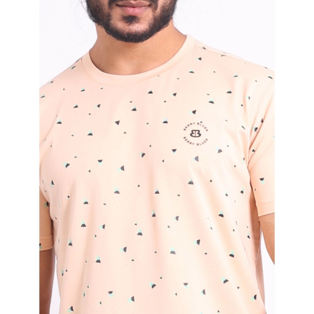 Men's Casual Cotton Printed Round Neck Half Sleeve T-Shirt (Peach) - Image 3