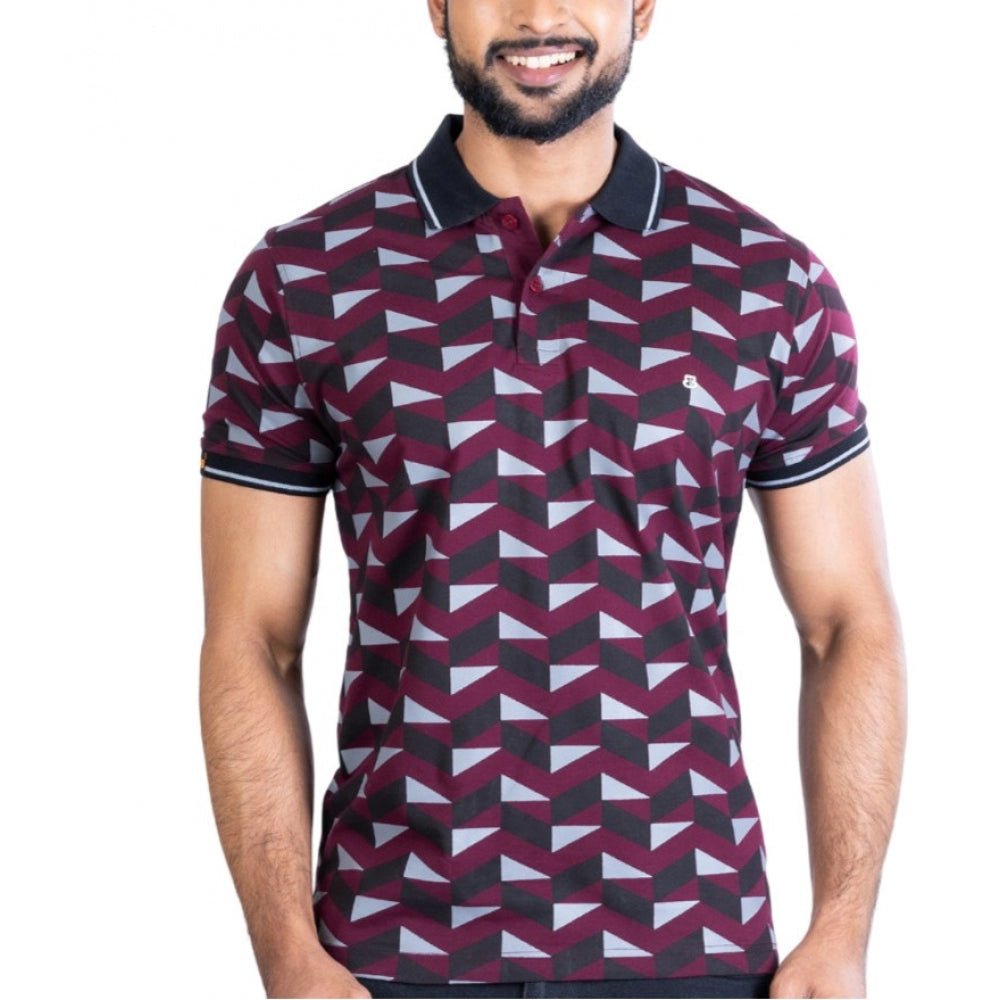 Men's Casual Cotton Printed Polo Neck Half Sleeve T-Shirt (Magenta)
