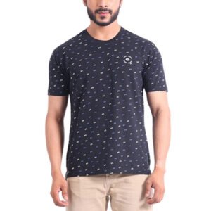 Men's Casual Cotton Printed Round Neck Half Sleeve T-Shirt (Black)
