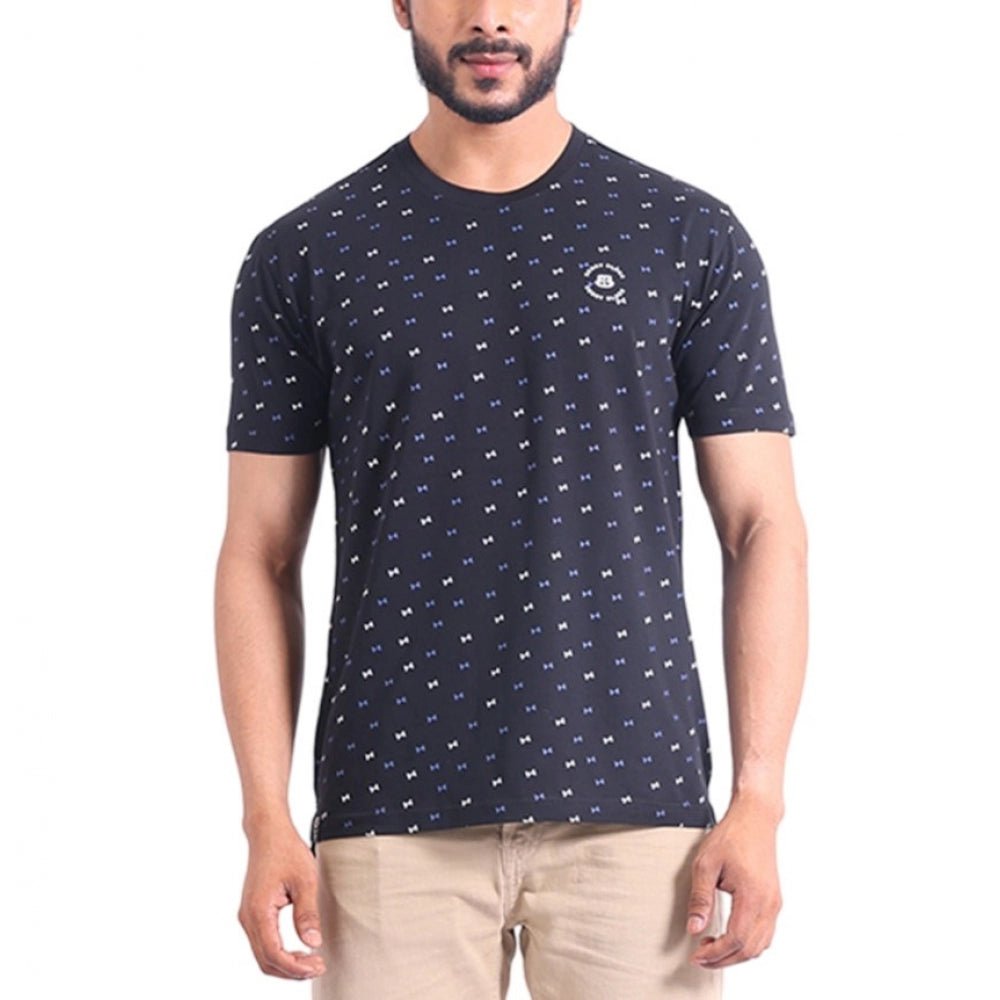 Men's Casual Cotton Printed Round Neck Half Sleeve T-Shirt (Black)