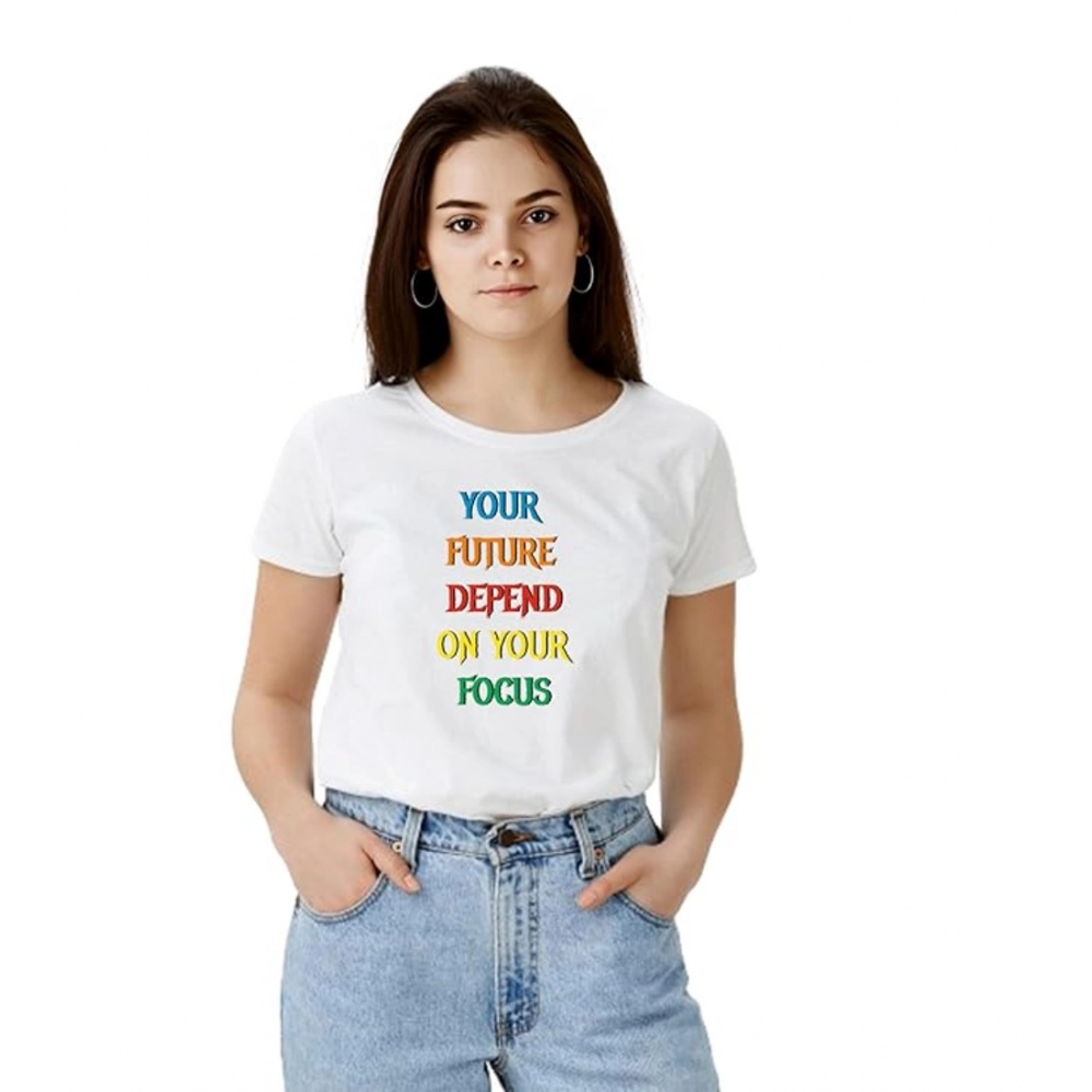Polyester Solid Printed Round Neck Half Sleeve T-shirt (White)