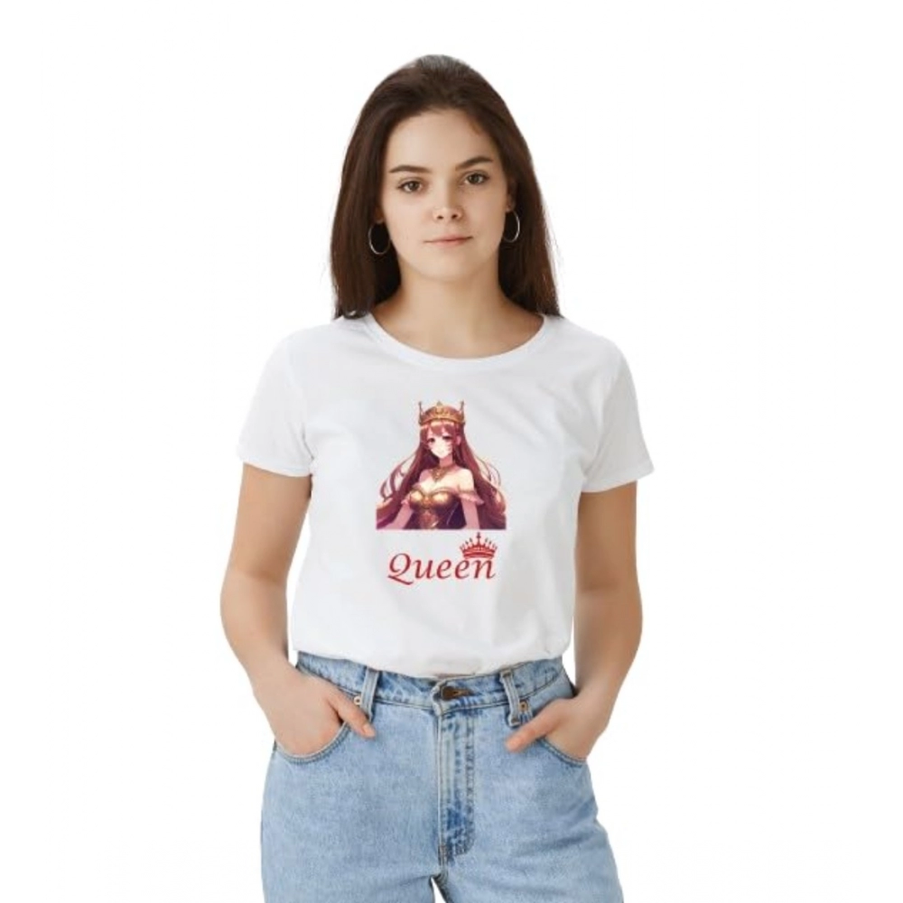 Polyester Solid Printed Round Neck Half Sleeve T-shirt (White)