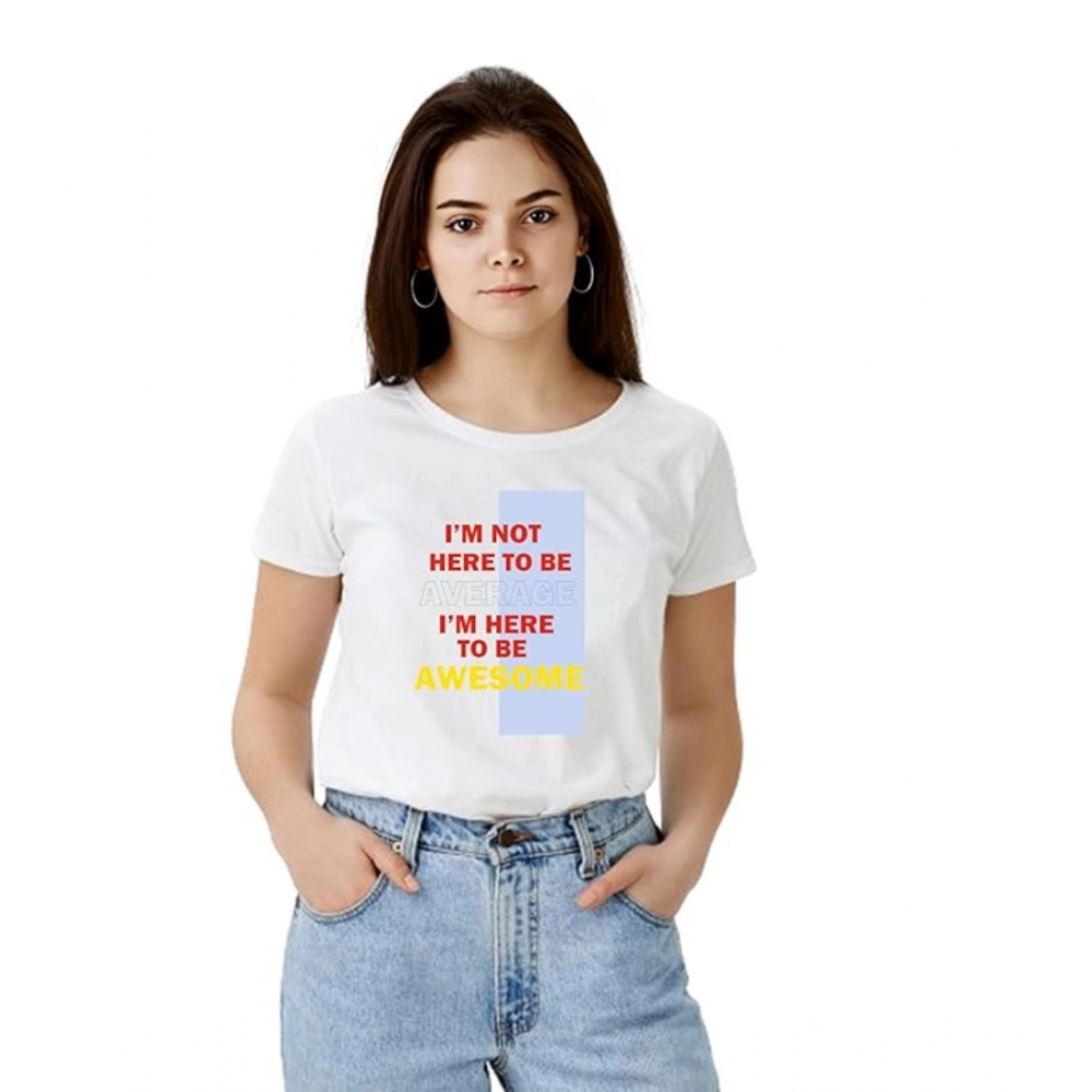 Polyester Solid Printed Round Neck Half Sleeve T-shirt (White)