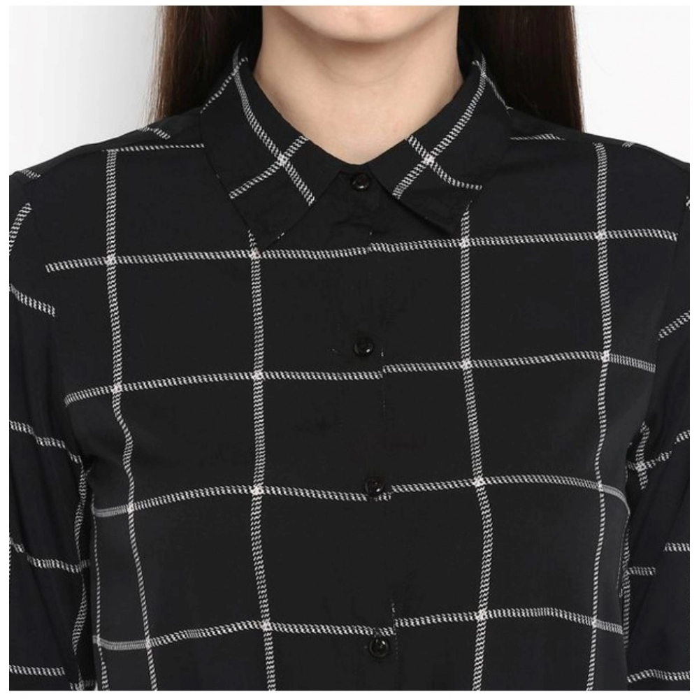 Polyester Checkered Roll Up Sleeve Above Knee Dress (Black - White) - Image 2