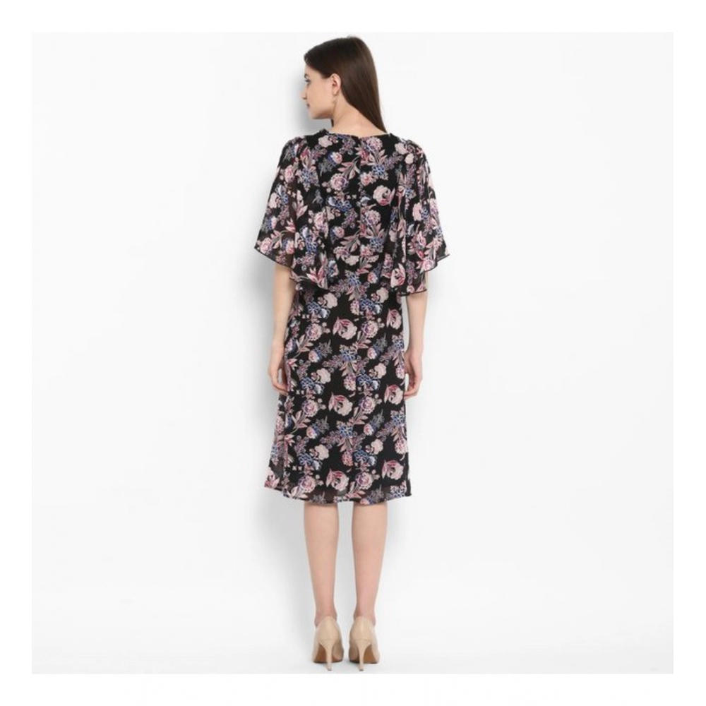 Polyester Floral Short Sleeve Knee-Length Dress (Black - Multicolor) - Image 7