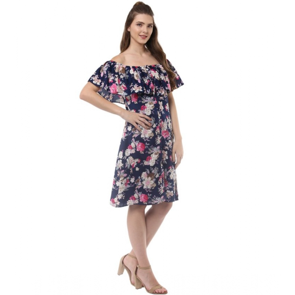Polyester Crepe Floral Half Sleeve Above Knee Dress (Navy Blue) - Image 4