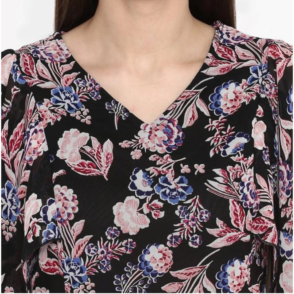 Polyester Floral Short Sleeve Knee-Length Dress (Black - Multicolor) - Image 2