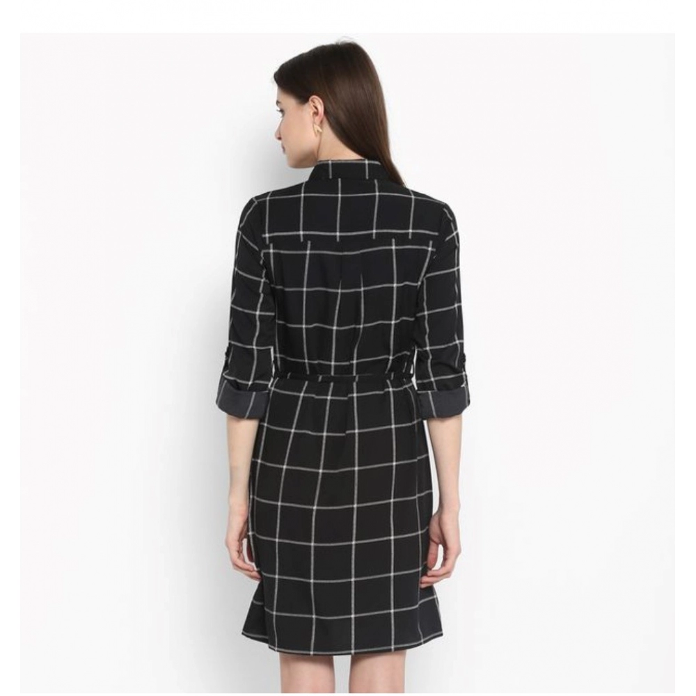 Polyester Checkered Roll Up Sleeve Above Knee Dress (Black - White) - Image 7