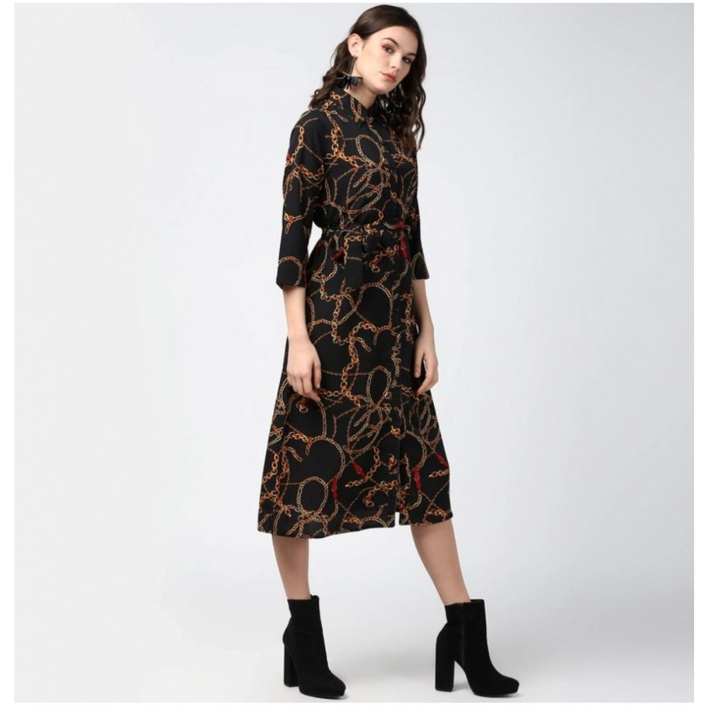 Polyester Chain Print Roll Up Sleeve Below Knee Dress (Black - Yellow) - Image 4