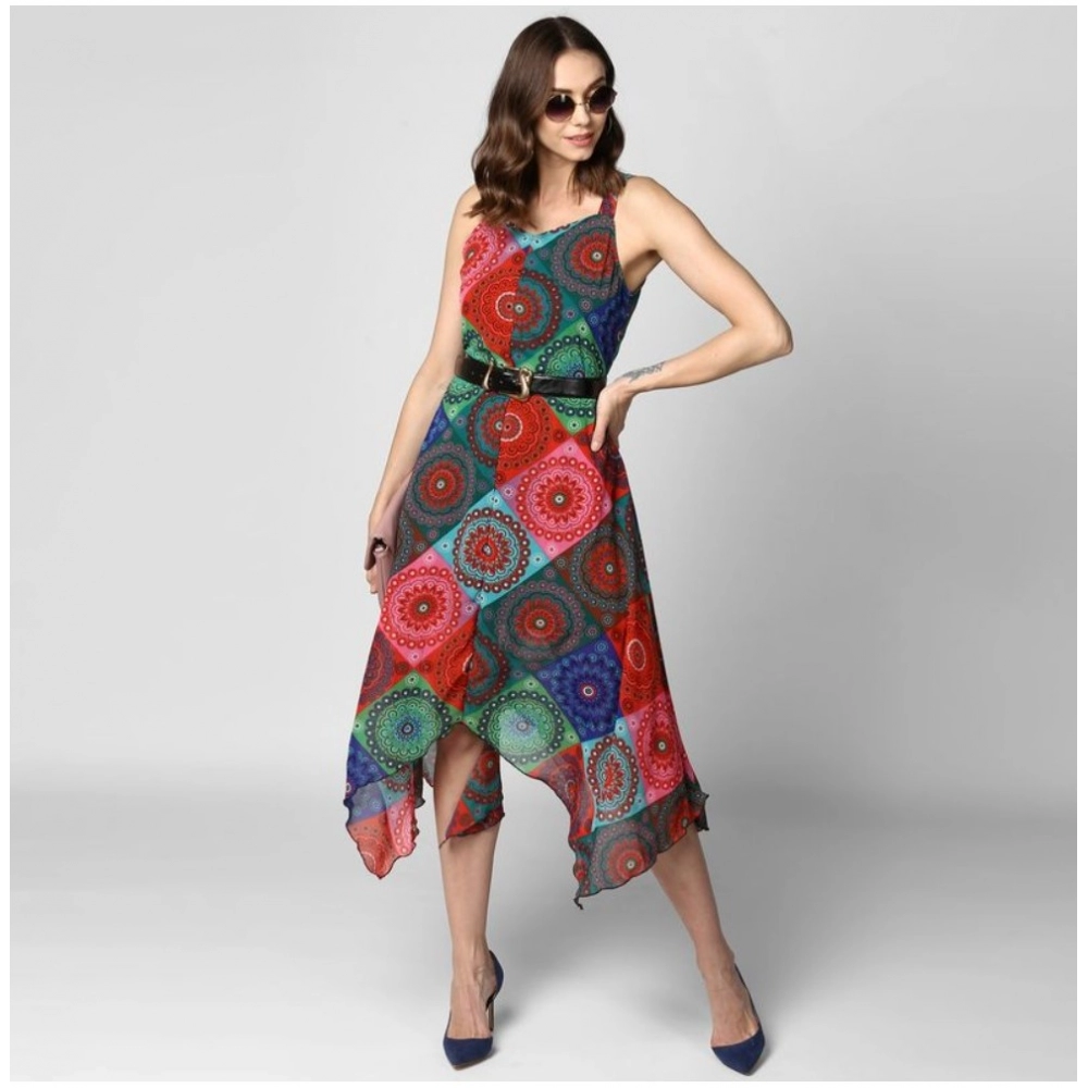 Polyester Asymmetrical Shoulder Straps Knee-Length Dress (Multicolor) - Image 6