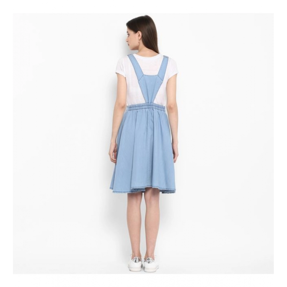Denim Solid Sleeveless Above Knee Dress (Blue) - Image 7