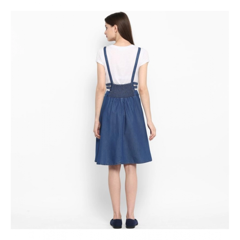 Denim Solid Shoulder Straps Below Knee Dress (Blue) - Image 7