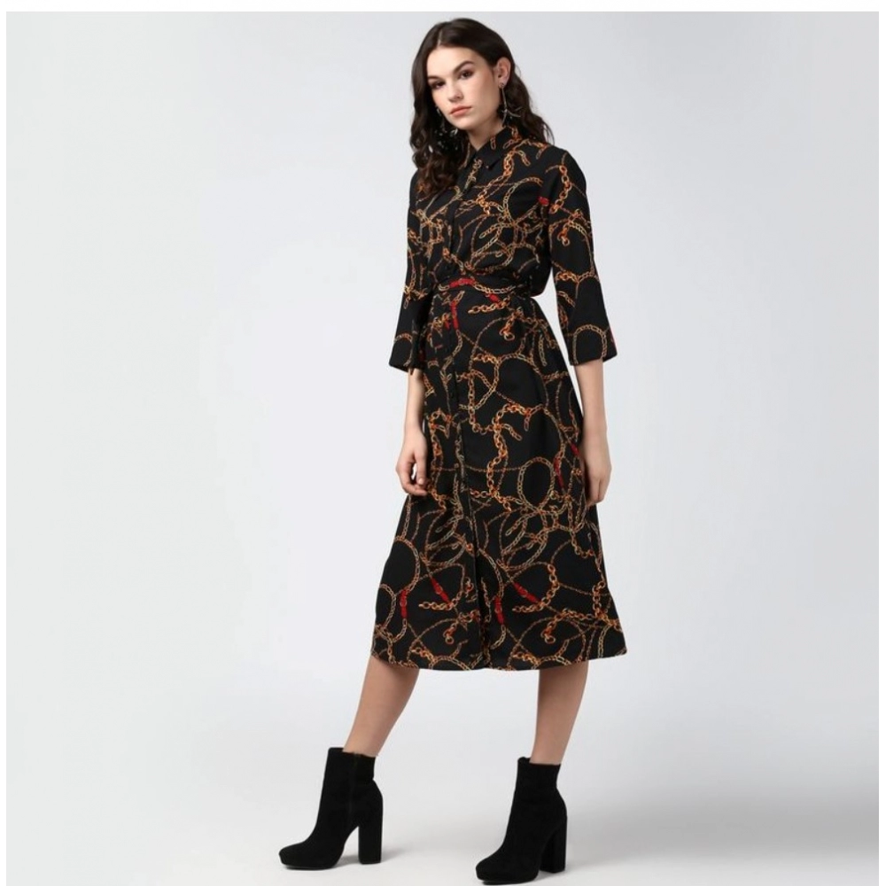 Polyester Chain Print Roll Up Sleeve Below Knee Dress (Black - Yellow) - Image 3