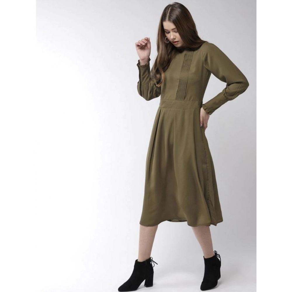 Polyester Pintuck Long Sleeves Below Knee Dress (Olive) - Image 3