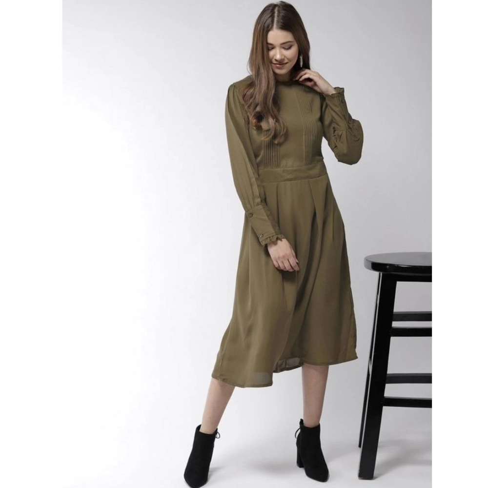 Polyester Pintuck Long Sleeves Below Knee Dress (Olive) - Image 5