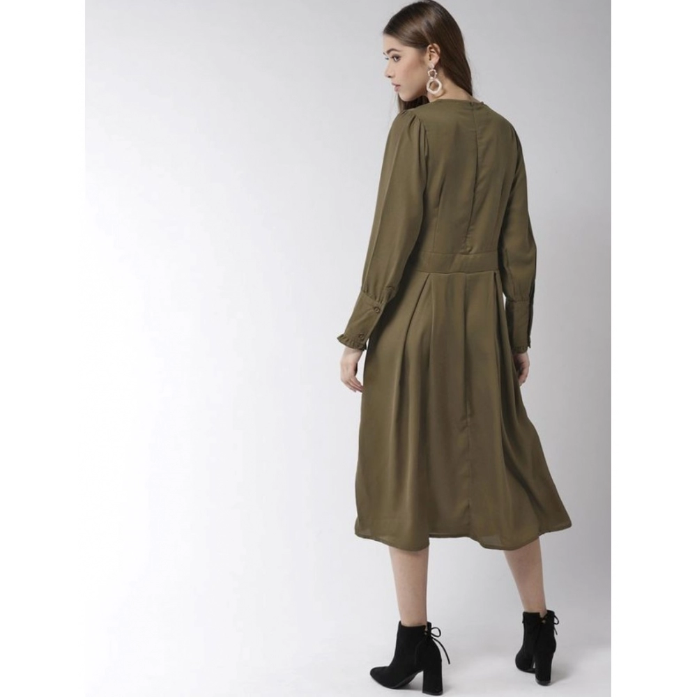 Polyester Pintuck Long Sleeves Below Knee Dress (Olive) - Image 6