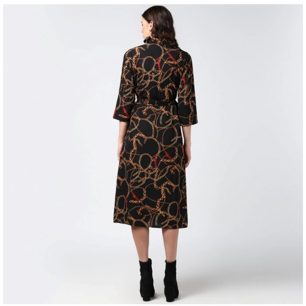 Polyester Chain Print Roll Up Sleeve Below Knee Dress (Black - Yellow) - Image 7