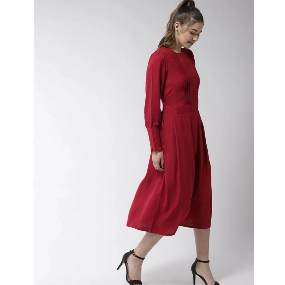 Polyester Pintuck Long Sleeves Below Knee Dress (Red) - Image 3