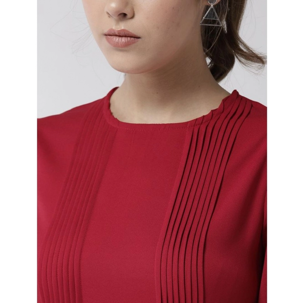 Polyester Pintuck Long Sleeves Below Knee Dress (Red) - Image 2