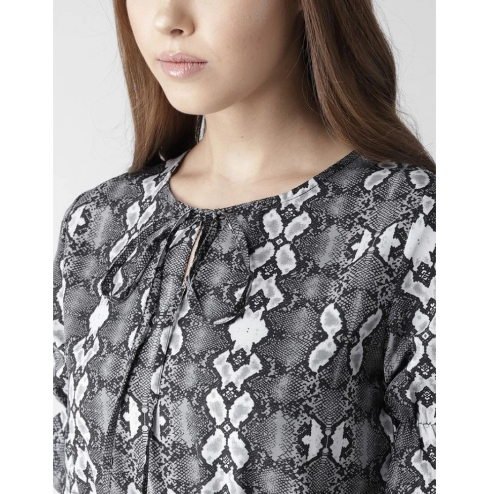Polyester Animal Print Short Sleeve Knee-Length Dress (Black - White) - Image 2