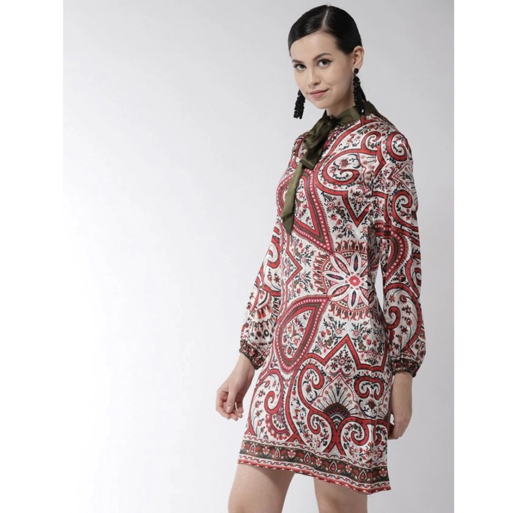 Polyester Printed Long Sleeves Above Knee Dress (Red) - Image 5