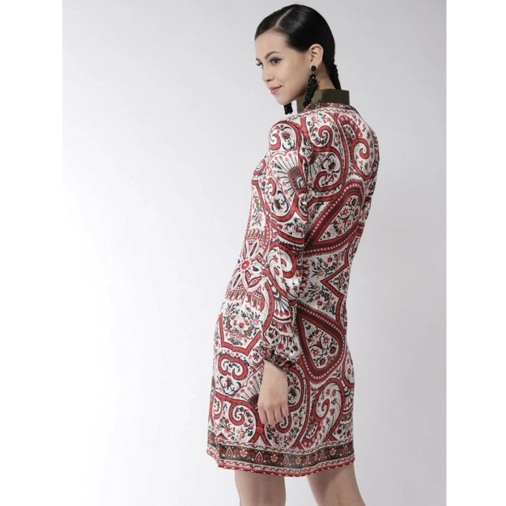 Polyester Printed Long Sleeves Above Knee Dress (Red) - Image 6