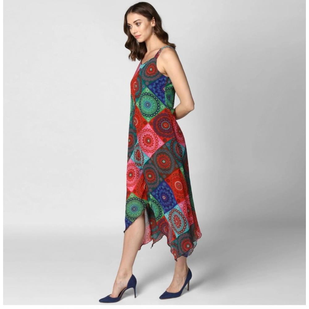 Polyester Asymmetrical Shoulder Straps Knee-Length Dress (Multicolor) - Image 3