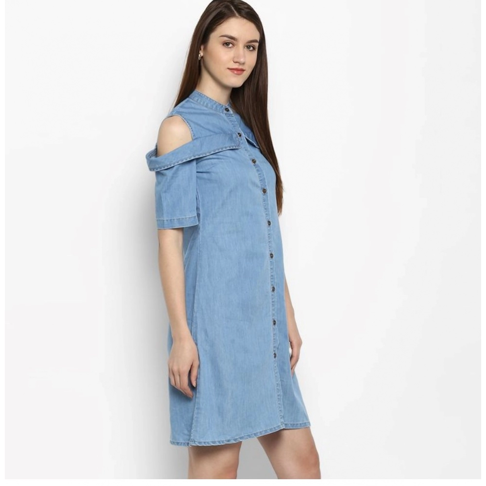 Denim Solid Cold Shoulder Above Knee Dress (Blue) - Image 4